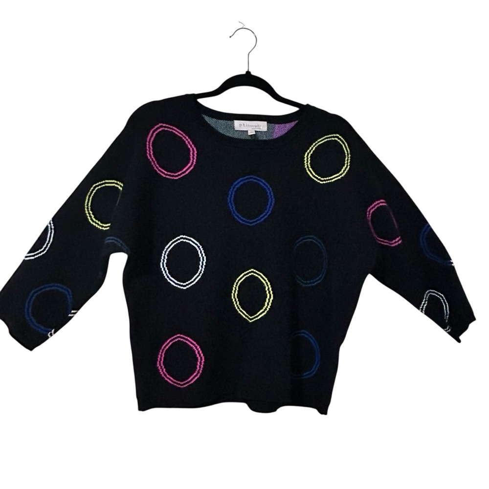 Philosophy Sweater Retro Black Circle Pattern Size M 3/4 Sleeve Round Neck Fun